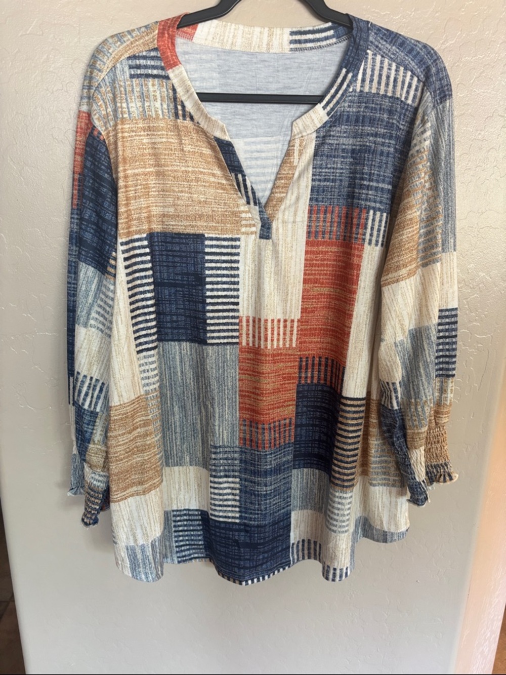 Patchwork Split-Neck Tunic in Navy, Rust, Cream, Tan
